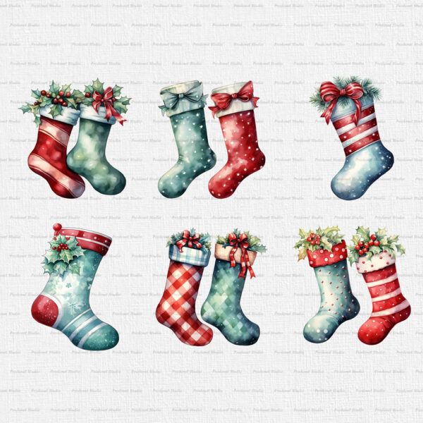 Watercolor Christmas Socks PNG Clipart Bundle - Image 4
