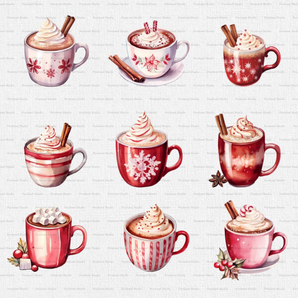 Watercolor Christmas Hot Chocolate PNG clipart Bundle - Image 4