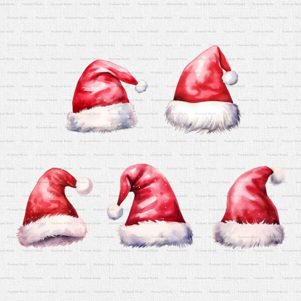 Watercolor Christmas Santa Claus Hat PNG Clipart Bundle - Image 4