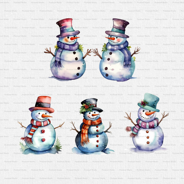 Watercolor Christmas Snowman PNG Clipart Bundle - Image 4