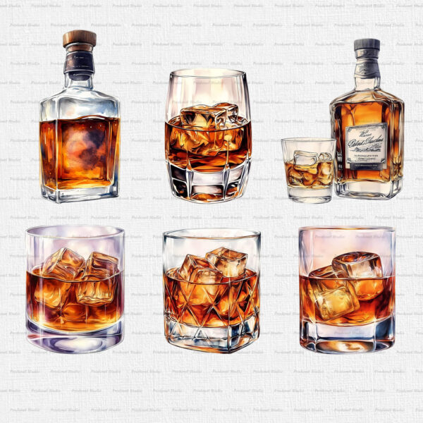 Watercolor Whiskey PNG Clipart Bundle - Image 2