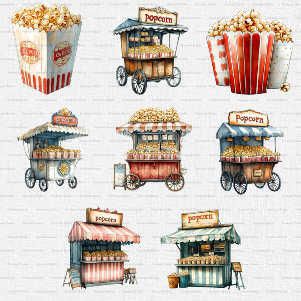 Watercolor Popcorn Stand PNG Clipart Bundle - Image 6