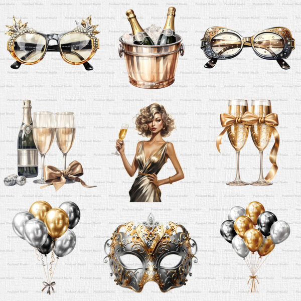 Watercolor New Year's Eve PNG Clipart Bundle #2 - Image 3