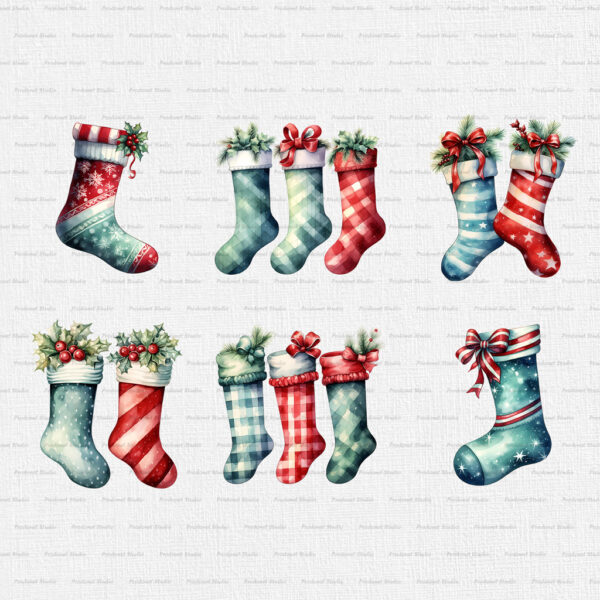 Watercolor Christmas Socks PNG Clipart Bundle - Image 5