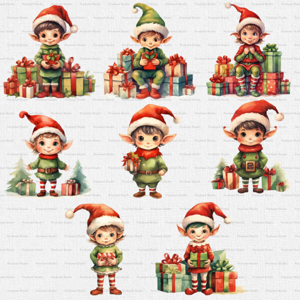 Watercolor Christmas Elf PNG Clipart Bundle - Image 5