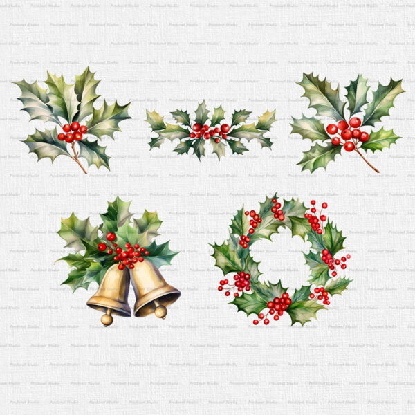 Watercolor Christmas Holly PNG Clipart Bundle - Image 6