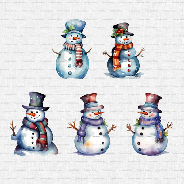 Watercolor Christmas Snowman PNG Clipart Bundle - Image 5