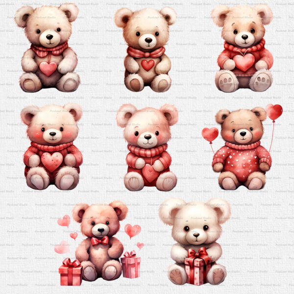 Watercolor Valentine’s Day Teddy Bear PNG Clipart Bundle - Image 2