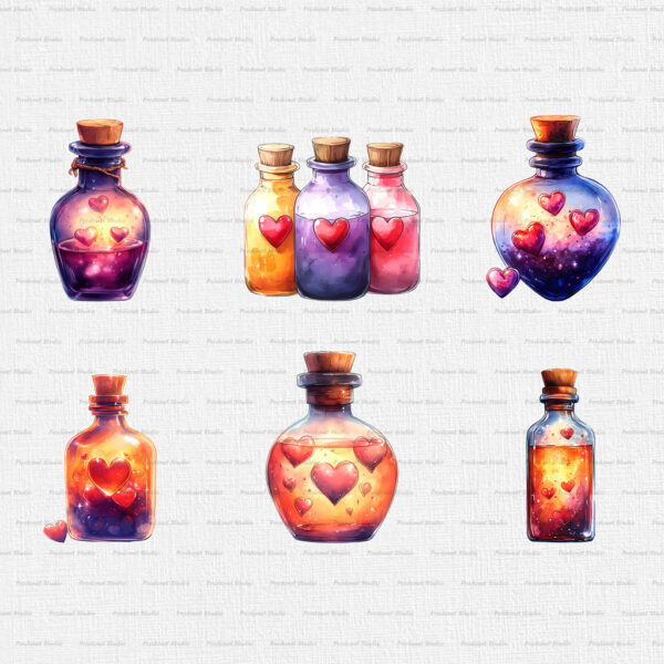 Watercolor Valentine’s Day Love Potion Bottle PNG Clipart Bundle - Image 6