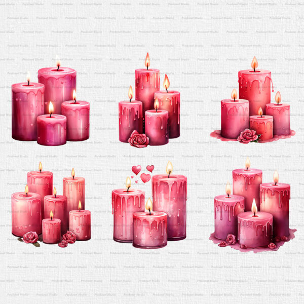 Watercolor Valentine’s Day Candles PNG Clipart Bundle - Image 5