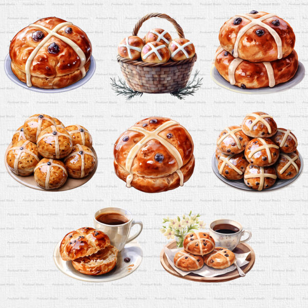 Watercolor Hot Cross Buns PNG Bundle - Image 3