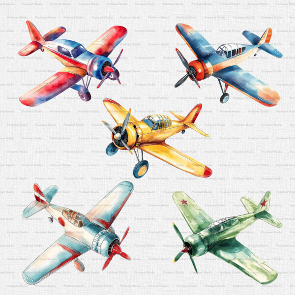 Watercolor Vintage Airplane PNG Clipart Bundle - Image 2