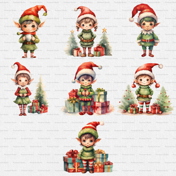 Watercolor Christmas Elf PNG Clipart Bundle - Image 6