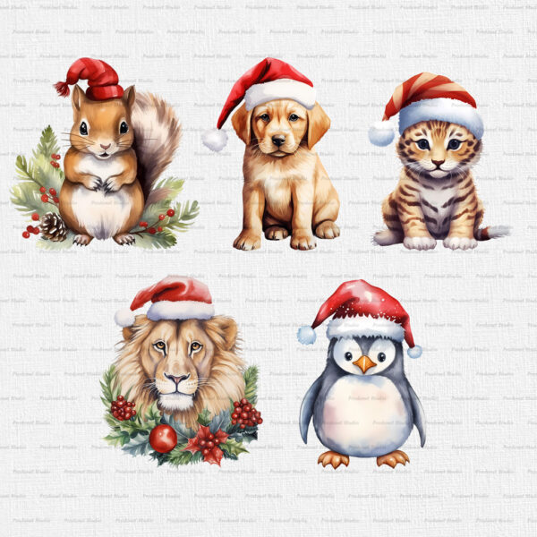 Watercolor Christmas Animals PNG clipart Bundle - Image 6