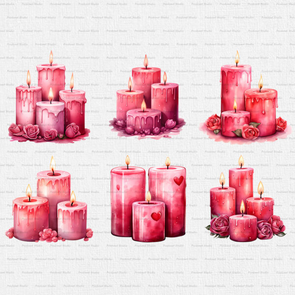 Watercolor Valentine’s Day Candles PNG Clipart Bundle - Image 6