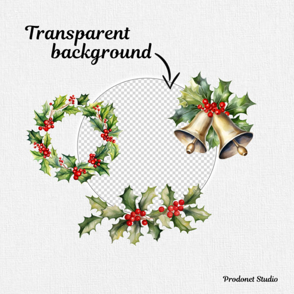 Watercolor Christmas Holly PNG Clipart Bundle - Image 7