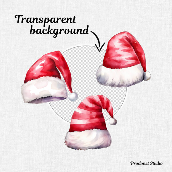 Watercolor Christmas Santa Claus Hat PNG Clipart Bundle - Image 5