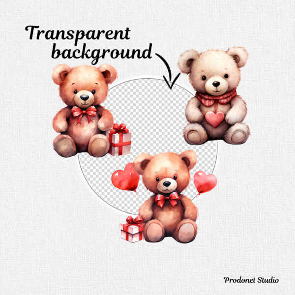 Watercolor Valentine’s Day Teddy Bear PNG Clipart Bundle - Image 6