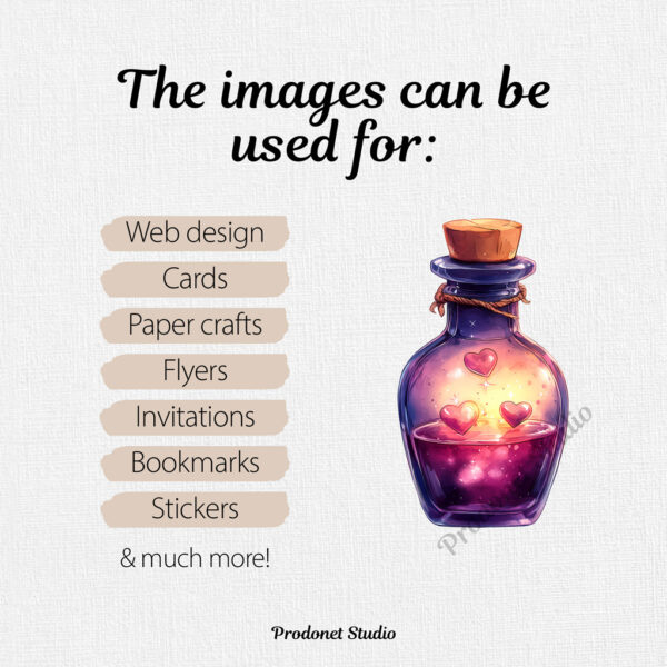 Watercolor Valentine’s Day Love Potion Bottle PNG Clipart Bundle - Image 8