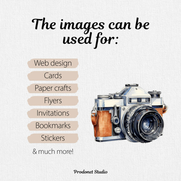 Watercolor Vintage Camera PNG Clipart Bundle - Image 9