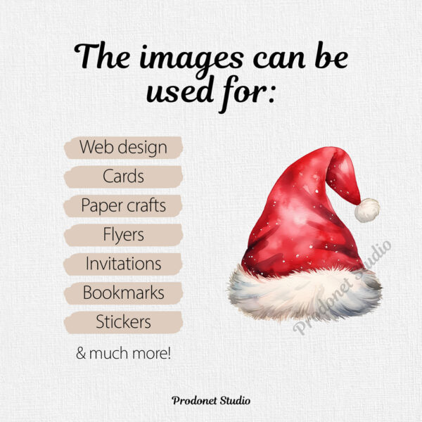 Watercolor Christmas Santa Claus Hat PNG Clipart Bundle - Image 6