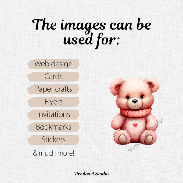 Watercolor Valentine’s Day Teddy Bear PNG Clipart Bundle - Image 7