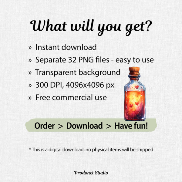Watercolor Valentine’s Day Love Potion Bottle PNG Clipart Bundle - Image 7
