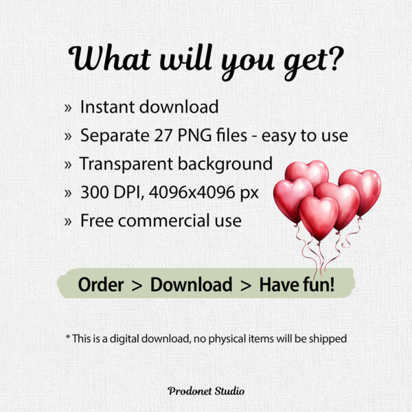 Watercolor Valentine’s Day Balloons PNG Clipart Bundle - Image 7