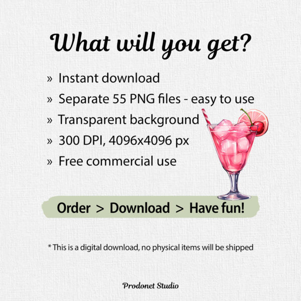 Watercolor Valentine's Day Pink Cocktail PNG Clipart Bundle - Image 8