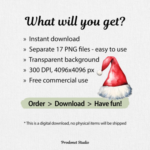 Watercolor Christmas Santa Claus Hat PNG Clipart Bundle - Image 7