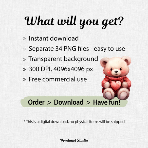 Watercolor Valentine’s Day Teddy Bear PNG Clipart Bundle - Image 8