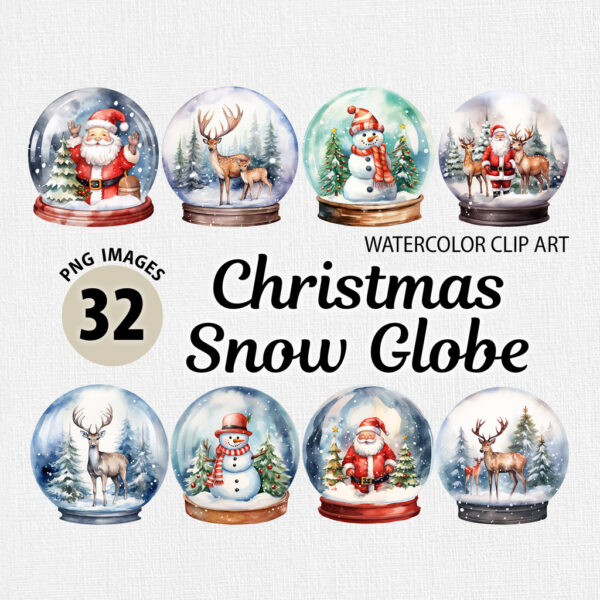 Watercolor Christmas Snow Globe PNG Clipart Bundle