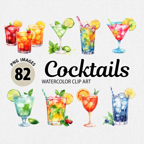 Watercolor Cocktail Clipart PNG Bundle